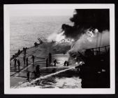 First hit (Kamikaze) on USS Saratoga during Battle of Iwo Jima (Feb 1945).